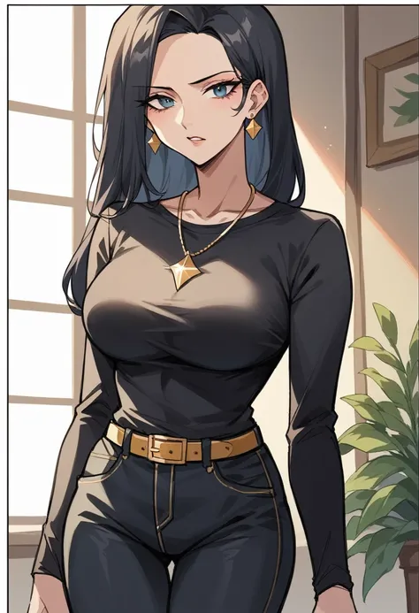 comic panel detailed fully colored sketch painting masterpiece. Crime boss Mrs.85 a woman with blue eyes long dark hair wearing a golden necklace ,black shirt with long sleeves tucked into black linen pants wearing a thick golden belt with a strap of pure ...