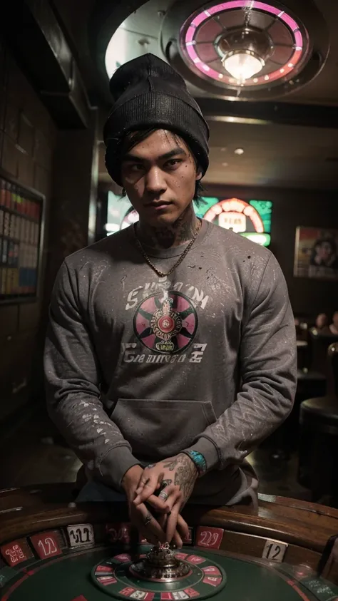 Gangster), dramatic lighting, (he is korean), he is 20, he is very attractive, (he has a square jawline), (he has a menacing demeanor), (he has short green hair), (he has an athletic physique), (he is wearing a black beanie), (he has a smug grin), (he has ...