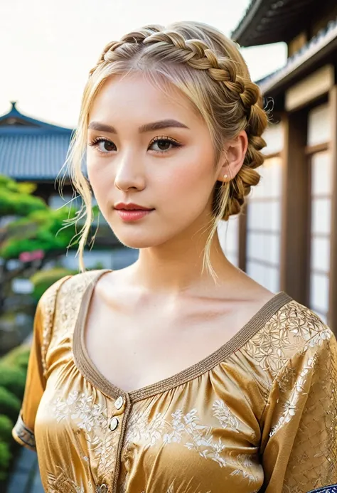 Beautiful blonde girl with grace, golden short blouse, braided hair. Tender look, in Japan