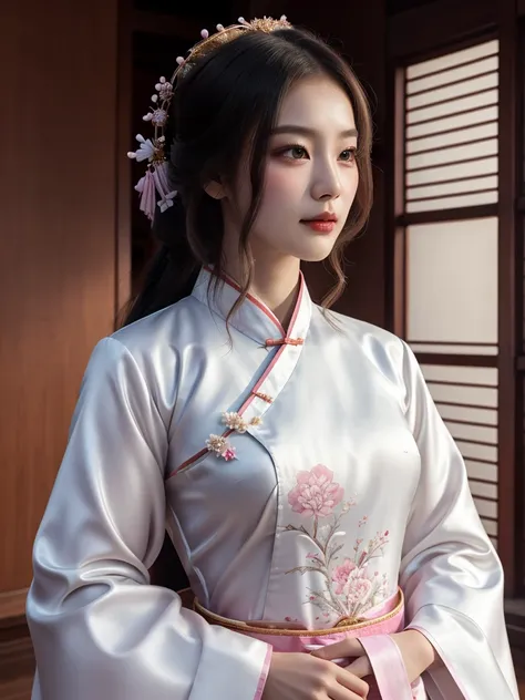 There is a cartoon  in dress, Chinese dress, hanbok apron, Chinese costume, Chinese traditional costume, close-up - view, hanbok, wearing ancient Chinese costume, with ancient Chinese costume, palace, a girl in Hanfu, white hanfu, cheongsam, wearing pink f...