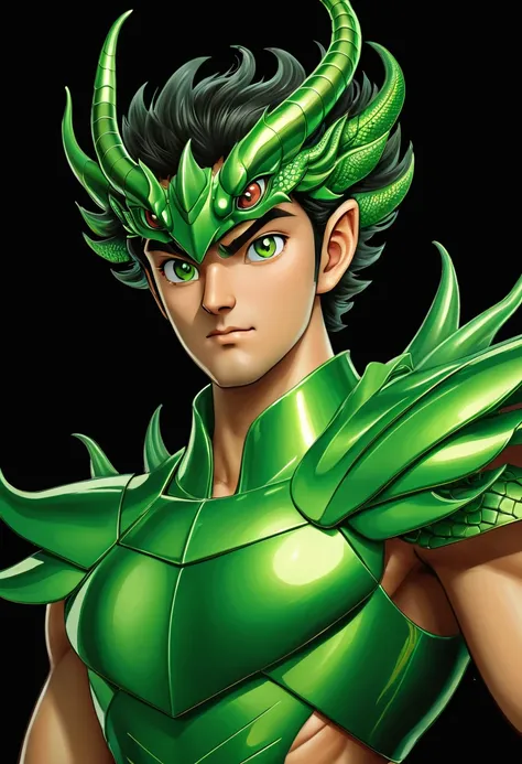 A man with a green metallic machine body, Cel animation style, The protector is designed with a dragon head shaped decoration., I can see your real face, Super beautiful image quality, Professional painter, Highest quality