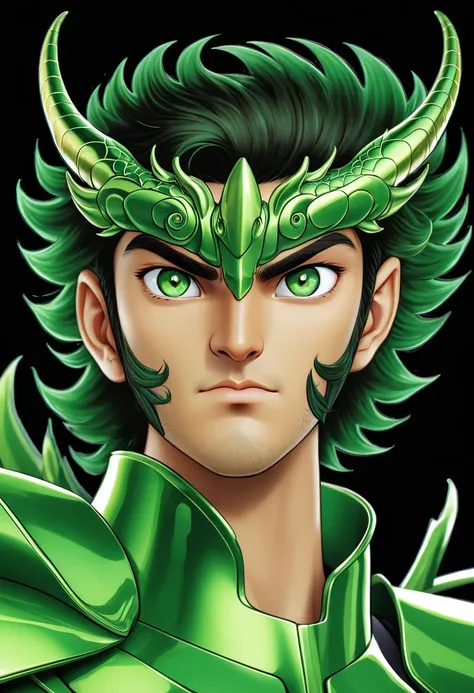 A man with a green metallic machine body, Cel animation style, The protector is designed with a dragon head shaped decoration., I can see your real face, Super beautiful image quality, Professional painter, Highest quality