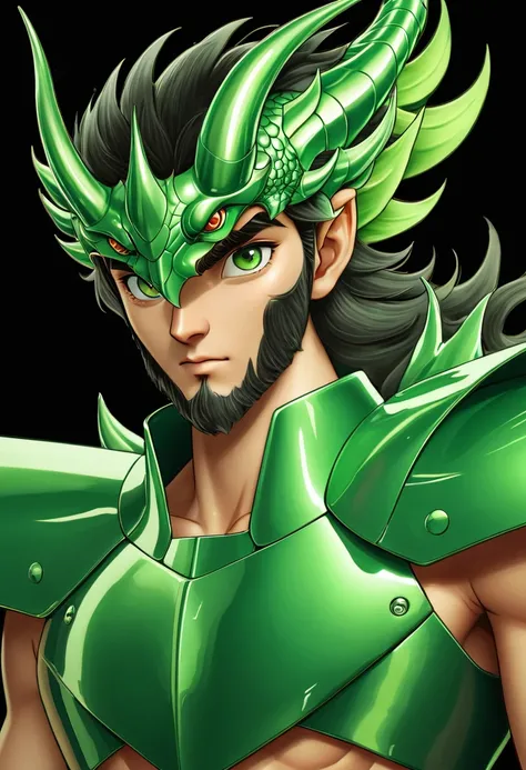 A man with a green metallic machine body, Cel animation style, The protector is designed with a dragon head shaped decoration., I can see your real face, Super beautiful image quality, Professional painter, Highest quality