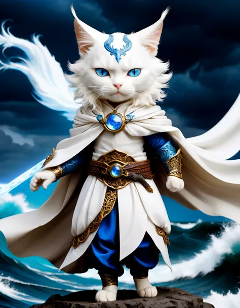 A white cat with striking blue eyes is depicted as the god of wind. Dressed in luxurious armor, he powerfully wields a large cloth, summoning a raging storm. The background showcases tumultuous waves, capturing the intensity and strength of the tempest. Th...