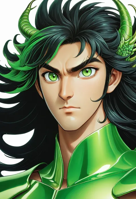 A man with a green metallic machine body, Cel animation style, The protector is designed with a dragon head shaped decoration., I can see your real face,  Man with long black hair, Black straight long hair, Super beautiful image quality, Professional paint...