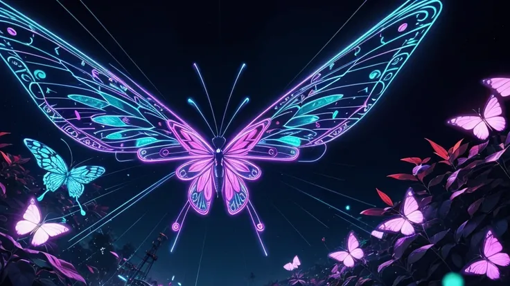 Visualize a butterfly with wings made of digital circuitry and glowing patterns, fluttering in a neon-lit garden.