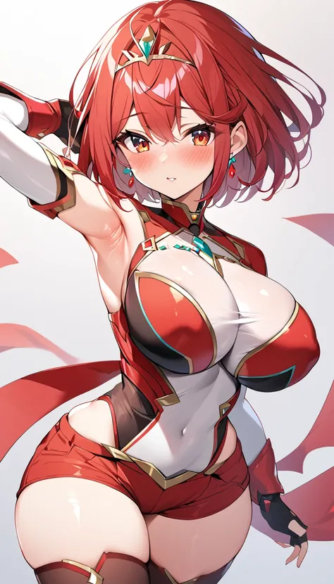 16k,1girl,PRDEF, RED EYES, RED HAIR, SHORT HAIR, TIARA, EARRINGS, CHEST JEWEL, LARGE BREASTS, IMPOSSIBLE CLOTHES, FINGERLESS GLOVES, RED SHORTS, THIGHHIGHS,big breast,armpit focus,arm up,blush