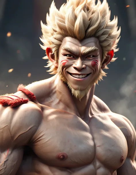 Full body image "(Highest quality, 8k, ultra-detailed, Realistic:1.2), Portraiture, Sun Wukong, Muscular, Calm, smile, detailed, Blonde, strict, Intimidating, Powerful, Show off his strength", naked