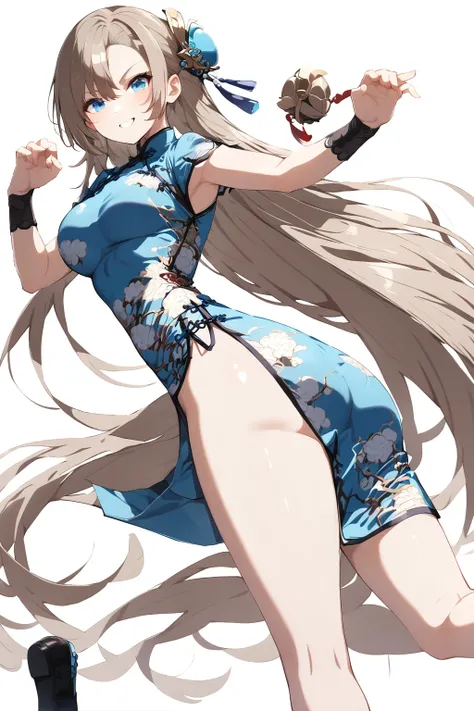 cheongsam,masterpiece，Highest quality，1girl，asuna，solo，blue eyes，Long hair，Halation，Fighting Stance，Smile，ass pov，whole body，shoe，Very long hair，Chinese Kung Fu pose，Tai Chi，White background，