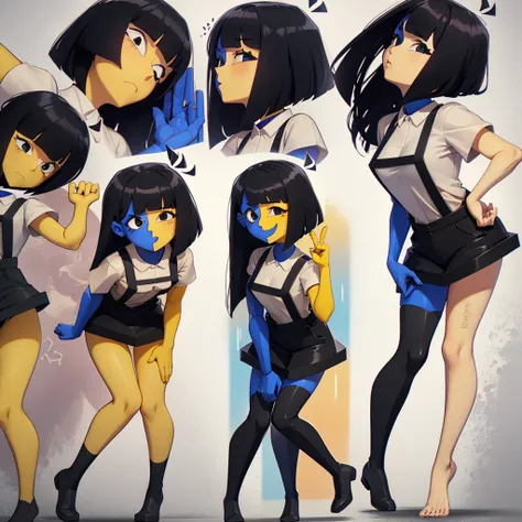 ena (joel g), 1girl, dual-colored body, (right side blue, left side yellow), long black hair with different length on either sid...