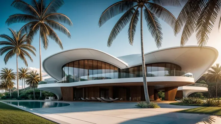 Day, exhibition exterior, zaha hadid style, bionic form, curve form, metal and wood mix together, masterpicece, high quality, 8k uhd, tropical landscape