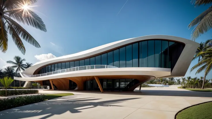 Day, exhibition exterior, zaha hadid style, bionic form, curve form, metal and wood mix together, masterpicece, high quality, 8k uhd, tropical landscape