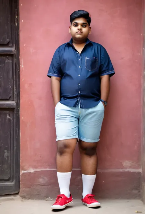 Fat indian 20 year old boy in  shorts socks with short sleeve shirt 