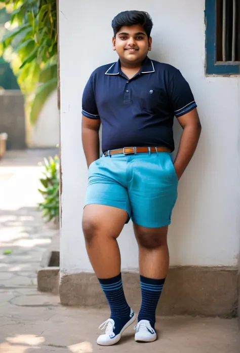 Fat indian 20 year old boy in  shorts socks with short sleeve shirt 