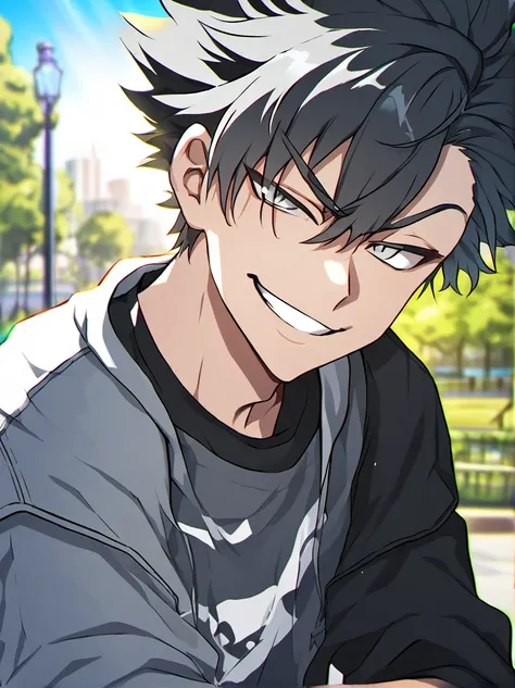 Solo male, two toned hair black amd white, gray eyes, smirking, street clothing, park background, sun shining