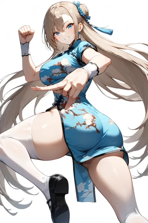 cheongsam,masterpiece，Highest quality，1girl，asuna，solo，blue eyes，Long hair，Halation，Fighting Stance，Smile，ass pov，whole body，shoe，Very long hair，Chinese Kung Fu pose，Tai Chi，White background，