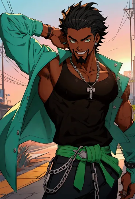 (foco frontal),Anime - style illustration of a young adult male  with an oversize green tank top and chain around his waist, "(best quality,ultra-detalhado),detailed right hand,(Luva sem dedos,Gloved hands), | | |, personagem de anime masculino, Fundo da c...