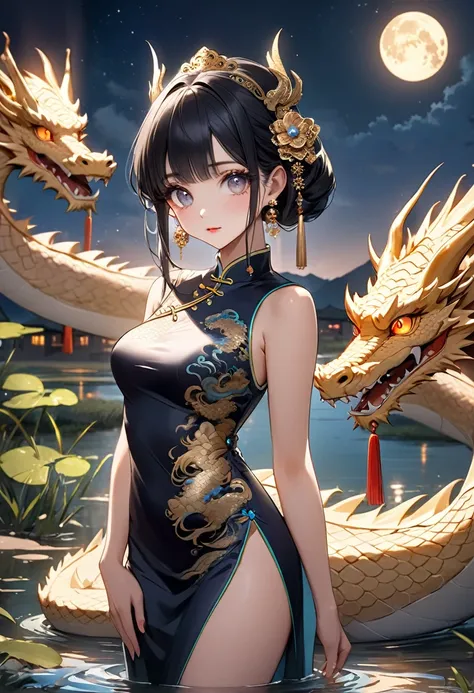 Cute desert princess, Standing at the edge of a pond in China, There was a noble dragon at his side., A cheongsam that is elegant and strong., The glow of the moon at night, (The face is detailed., Beautiful, round eyes, Long eyelashes, little jewelry, Lon...