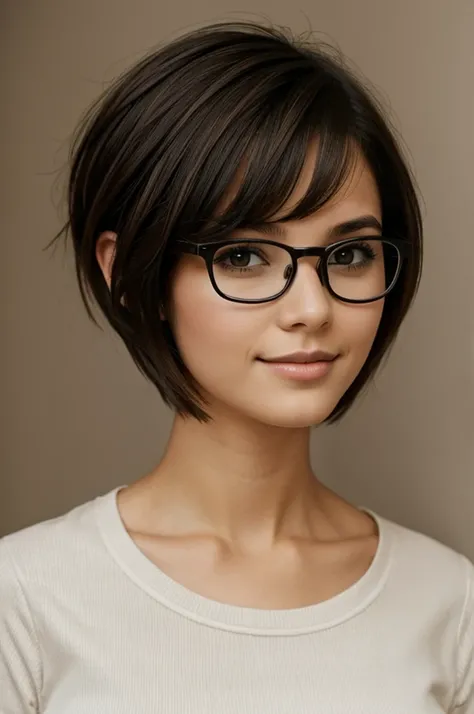 a girl with short hair with glasses