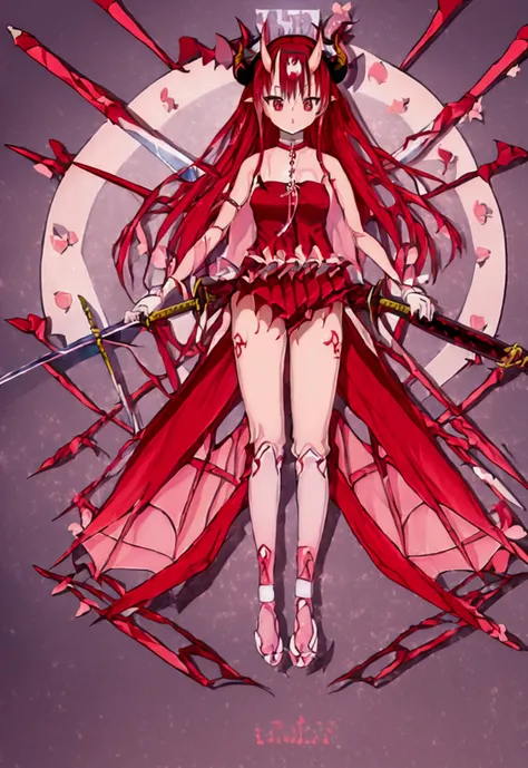 1girl、(((devilの羽：devil：Two horns))),Long Hair,10 years old、,(((fullbody)))、Nipples、sakura,(((Sword in left hand)))、独奏、Sharp Claws、Sharp Fangs、Naughty figure、Red ribbon、Sexy clothes