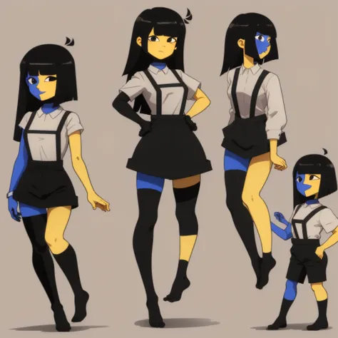 Ena (Joel G), 1girl, dual-colored body, (right side blue, left side yellow), long black hair with different length on either side, (right side of hair longer and straight, left side of hair resembles bob cut and covers left ear), two triangular ahoges, blu...