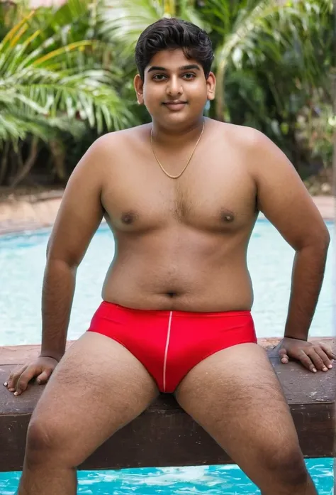 Fat indian 20 year old boy in  red swimsuit briefs 