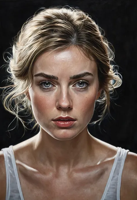 "Captures the essence of a white woman with a serious and deep expression on her face. Use hyperrealism techniques to create an image that looks like a photograph. Pay special attention to details, like facial features, skin and hair textures. Play with li...