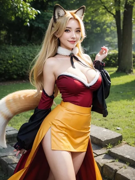 ((Highest quality)), ((masterpiece)), (Highest Resolution), Perfect Face, Fox Woman, Beautiful woman, public, Has one tail, She has thick thighs, a long tail, She has a blonde fox tail, She wags her tail, smile, fur collar, she is wearing a short skirt, Be...