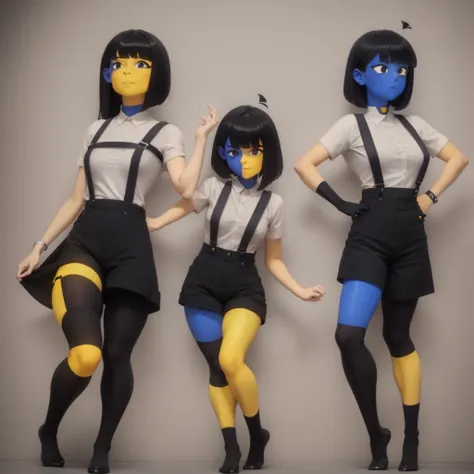 ena (joel g), 1girl, dual-colored body, (right side blue, left side yellow), long black hair with different length on either sid...