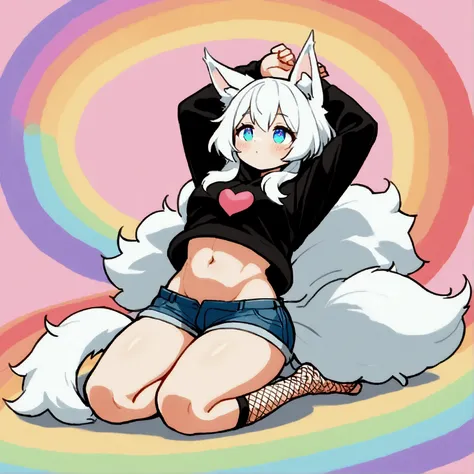 a cute adult male with wolf ears, long white hair, long locks, has a wolf tail, wearing a loose cropped black hoodie, wearing a ...