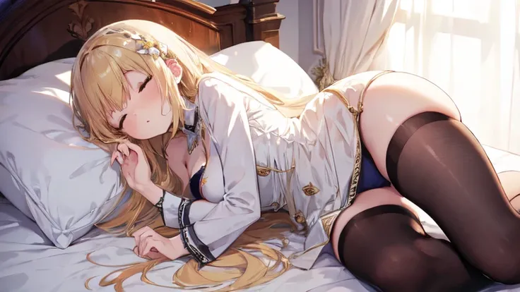 best quality, Super detailed, one person, long blonde hair, Sound sleep in bed, Clothes with intricate details, Swimsuit, Stockings