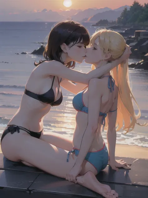 Tabletop,super high quality, Hyper Detail,Perfect drawing,Hmph,3d,8k,Awareness-raising、there is nothing、(((Two beautiful girls)))、bikini、Swimwear)、(Sitting on the breakwater)、close your eyes、((French kiss))、The Sunset Sun、horizon、coastal、Backlight、Shining ...