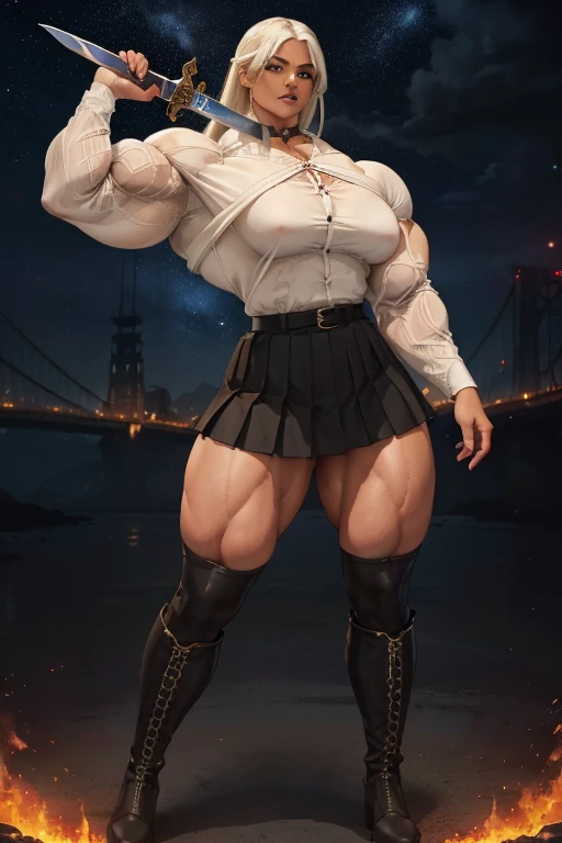 (((Massive tall, beautiful, buff, light brown skinned muscular woman with white hair, black lipstick, ginormous bulky muscles, carrying a giant sword and wearing a white long sleeve pleated shirt with beautiful long pleated skirt))), (close view), (massive...