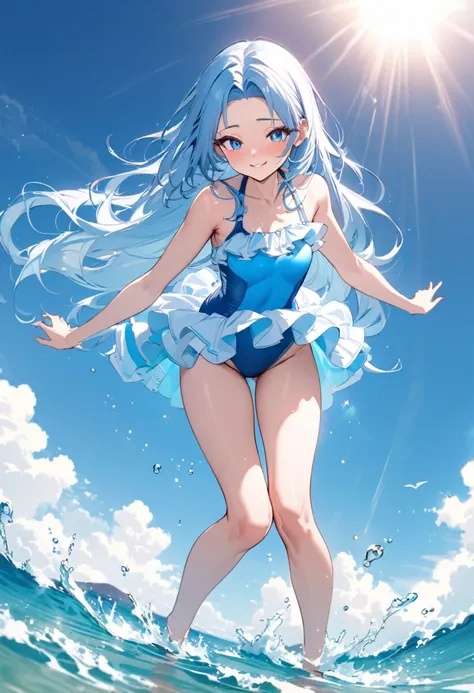 (full body, pov lovely swimsuit style) (beautiful body), (solo:2, 15 yo, forehead blue hair long hair lovely girl, cute blue eyes, glossy lip, love smile), (in a cute Layered frills blue one piece swimsuit), break, in the sunshine beach, background beautif...