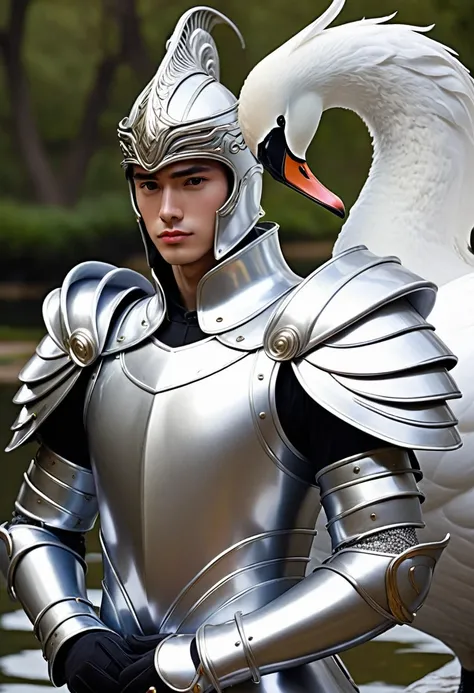 A young man in silver metallic armor, Cel animation style, A swan sculpture is designed into the head armor., I can see your real face, Armor in the shape of a swan&#39;s wing, Blond long hair man, Long Hair, Silver armor over blue clothes, Super beautiful...