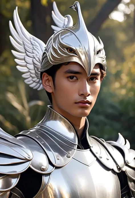 A young man in silver metallic armor, Cel animation style, A swan sculpture is designed into the head armor., I can see your real face, Armor in the shape of a swan&#39;s wing, Blond long hair man, Long Hair, Silver armor over blue clothes, Super beautiful...