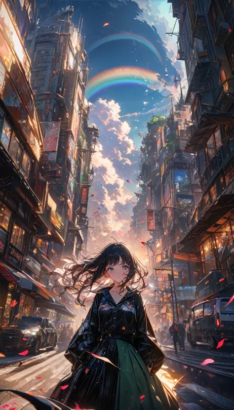 Up-and-coming works of art, Highest quality, Super Fine, 16K, Incredibly absurd, Very detailed, A beautiful, fragile girl stands in the city, Wind, Wind-effect, moonlit nightscape, (Nice views:1.2), Diesel Metal, Falling rainbow petals