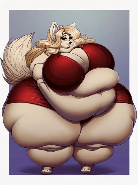 Arctic wolf, female, long hair, huge breasts, huge hips, huge thighs, plump, voluptuous, gorgeous, beautiful, eyelashes, cream hair, bushy hair,thick hair, morbidly obese, big bushy tail 