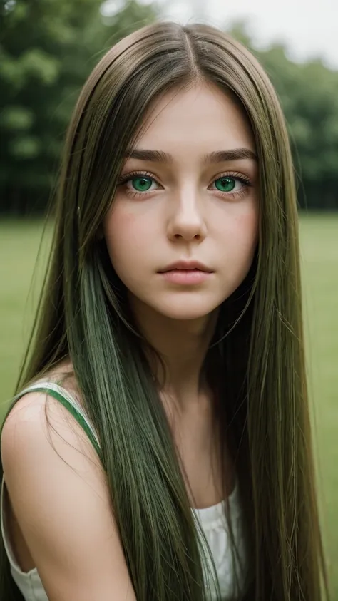 a girl.  face sent feeling.  Europe.  Oval face.  long face.  delicate facial features.  sad eyes.  loose, flowing hair.  green eyes.  long straight hair.  thick hair.  green hair.  sad expression.  shy.  outdoor