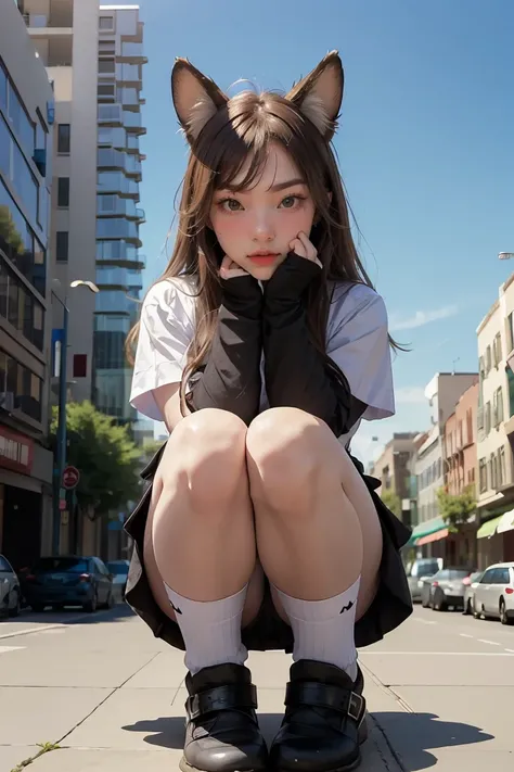 huge，brown hair，fox ears，Teenage girl，short skirt，Teasing the villain，A giant girl taller than a building，Wearing black knee socks，city-destroying，miniature city，lifting one&#39;s feet，Ready to stampede，Toyed around，low angle of view，shrouded in the villai...