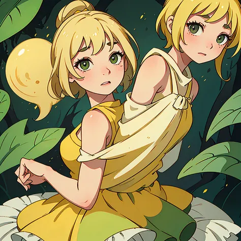 A girl with yellow skin, a green dress, no nose and ears and light blonde hair.