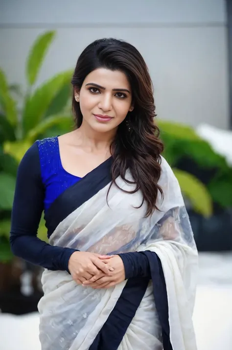 Samantha ruth prabhu,Create a photorealistic image of a middle-class Indian woman standing in a modest living room, wearing a traditional saree with her open pallu dropped (the loose end of the saree dropped) casually over one shoulder. (Expsoing cleavage ...