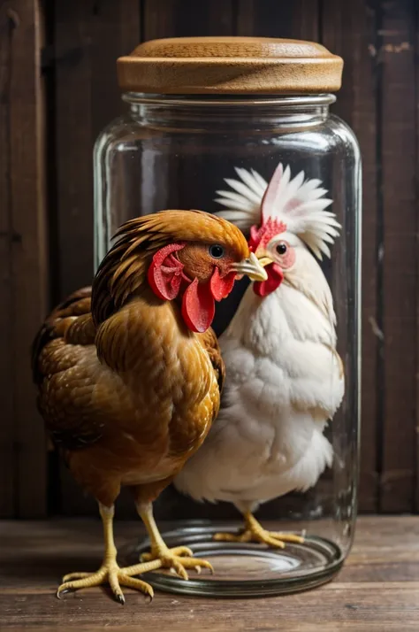 A chicken pecks a  to death on the mouth of a jar.