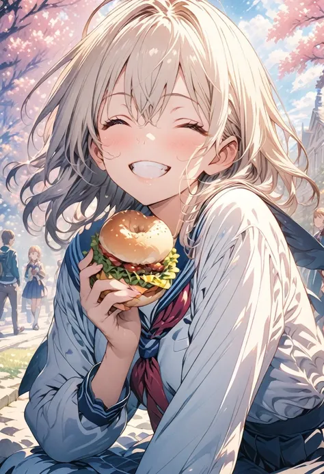 masterpiece, Highest quality, Highly detailed CG Unity 8K wallpapers, High School Girl Anime Illustration. Wearing a uniform、She is making the peace sign while eating her lunch、she has her eyes closed and mouth open, smile. The background is a light pastel...