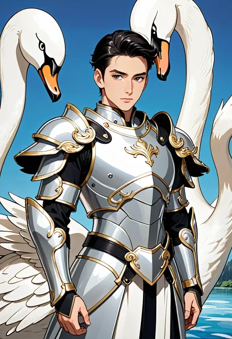 A young man in silver metallic armor, Cel animation style, Swan carvings are designed into the armor., I can see your real face, Armor in the shape of a swan&#39;s wing, Blond long hair man, Long Hair, Silver armor over blue clothes, Super beautiful image ...