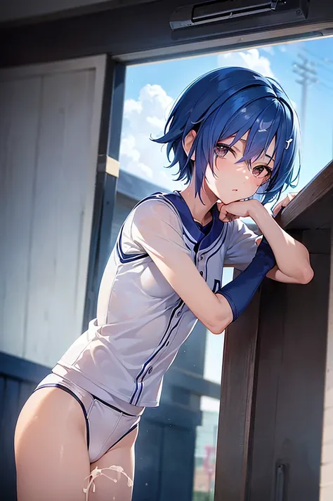 masterpiece, best quality,anime style, 1 girl,(((slender body))), (((small eyes,small breast))),(((baseball uniform))),((((cum)))), (beautiful face), (((short hair))), (((straight hair))), ((((blue hair)))),detailed beautiful skin, (perfect hands, perfect ...