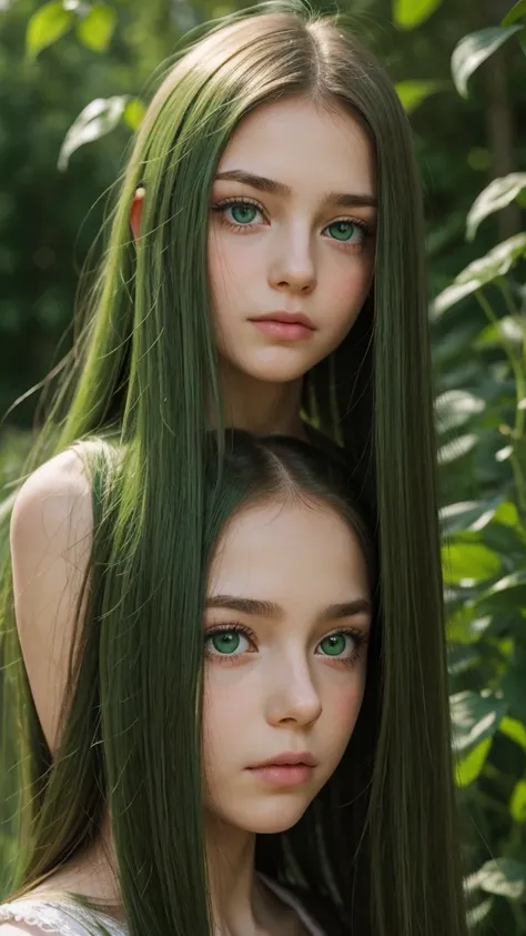 a girl.  face sent feeling.  Europe.  Oval face.  long face.  delicate facial features.  sad eyes.  green eyes.  long straight hair.  thick hair.  green hair.  sad expression.  shy.  outdoor