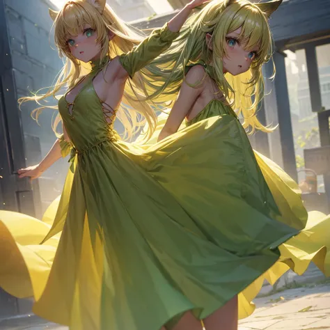 A girl with yellow skin, a green dress, no nose and ears and light blonde hair.