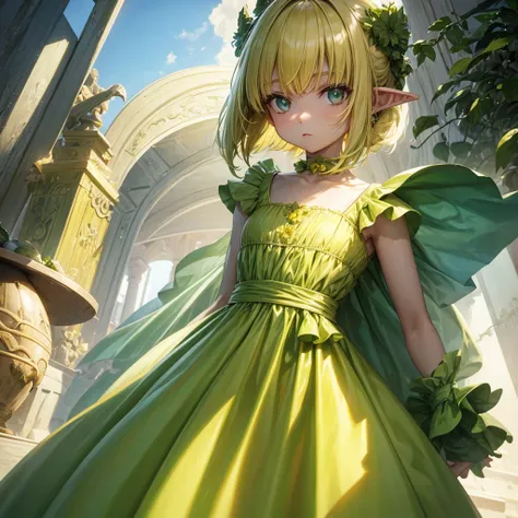 A girl with yellow skin, a green dress, no nose and ears and light blonde hair.