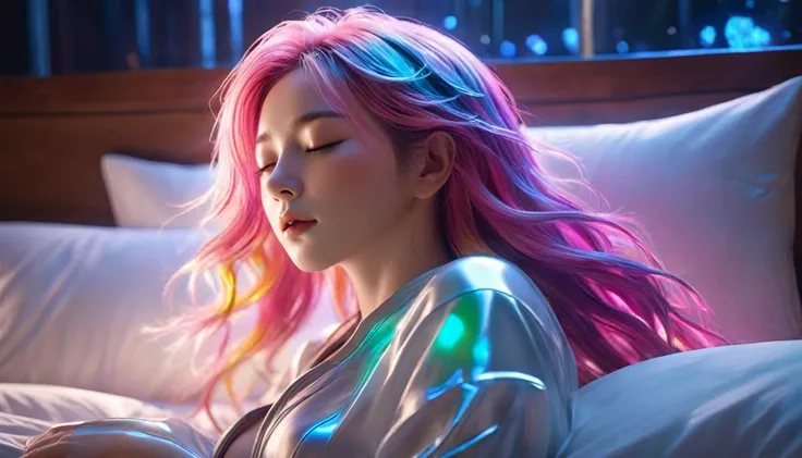 (best quality,8k,ultra-detailed:1.2),(CG,CG art,3D rendering),(masterpiece:1.2),（Sexy clothing），(movie lighting,futuristic),(woman lying in bed,sleeping,closed eyes),(large window behind her,tranquil night),(colorful hair:1.5)